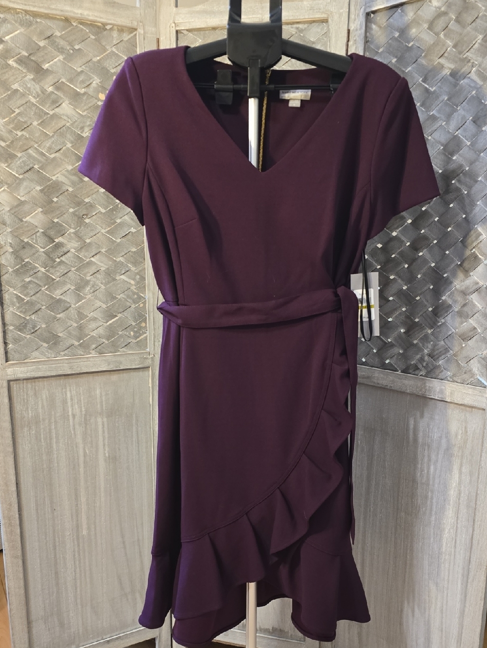 Marc New York Plum Wrap Midi Dress with Ruffle Trim